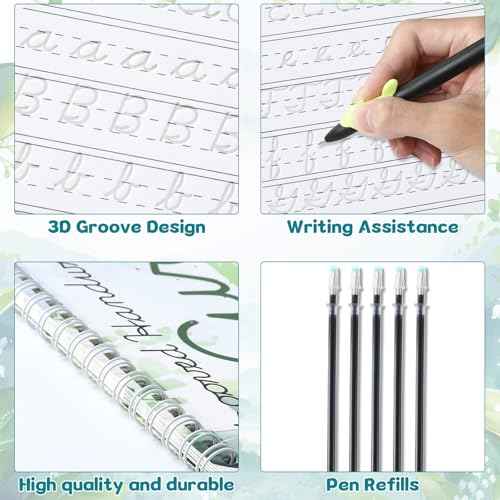 chiazllta Grooved Cursive Handwriting Workbook with Disappearing Ink Pens Magic Reusable Grooved Cursive Writing Practice for Beginners Kids Kickoff Student Workbook Homeschooling Supplies (Letters)