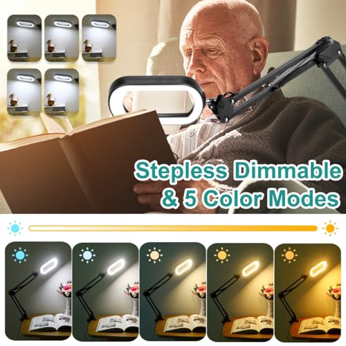 10X Rectangle Magnifying Glass with Light, 5 Color Modes Stepless Dimmable Magnifier with Stand, LED Lighted Clamp Desk Lamp with Swing Arm, Hands Free for Reading Painting Crafts Close Work