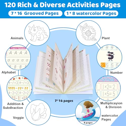 Magic Grooved Writing Practice for Kids 3-8, Reuable Grooved Handwriting Practice for Kids with 2 Pens & 20 Refills + Watercolor Book with Water Pen, Large Writing Practice Book (8 Books)