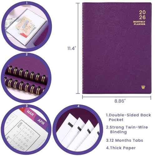 2026 Monthly Planner - Jan. 2026 - Dec. 2026, 12 Months Calendar/Planner 2026 with Faux Leather, 8.86" x 11.4", 15 Notes Pages, Strong Twin - Wire Binding, Pocket, Monthly Tabs, Perfect Organizer