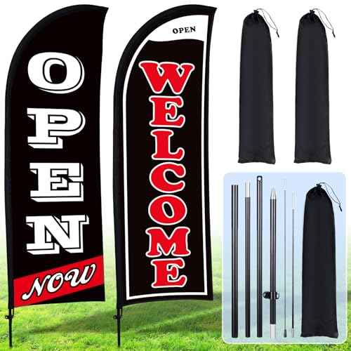 Buryeah 2 Sets Now Open Flag Banner for Business Advertising 7 ft Feather Flag Sign with Flagpole Ground Stake Portable Bag(Black)