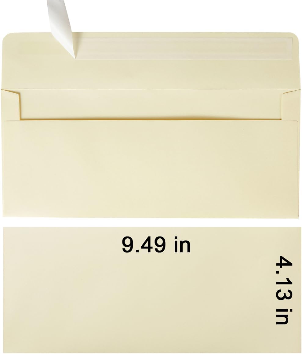 Wishop 50 Pack Self-Seal Business Envelopes - Cream Color, 4.13 x 9.49 Inches for Invoices & Mailing