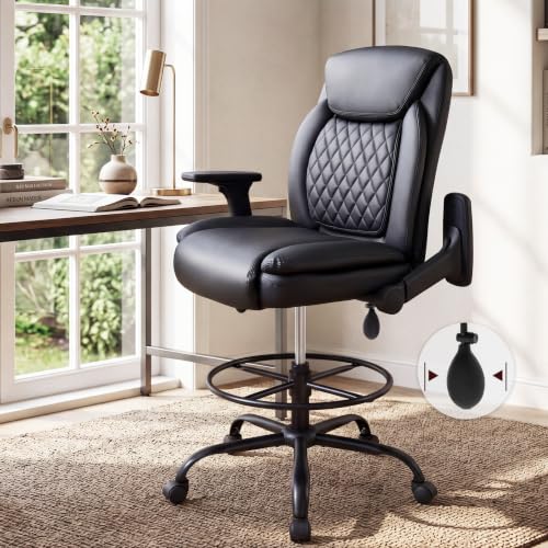 Sofayonn Drafting Chair Black with Flip-Up Armrests, Adjustable Foot Ring & Inflatable Lumbar Support - Tall Executive Task Stool