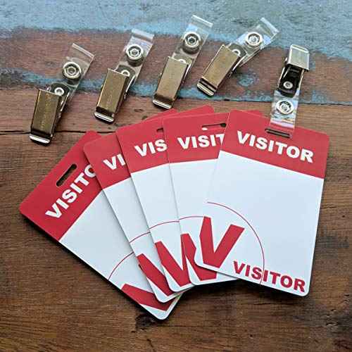 Bulk 25 Pack - Heavy Duty Visitor Badges with Clips - Reusable & Re-Writable - Durable PVC Plastic Printed Guest Name Badge Pass for Visitors with Clothing Friendly ID Holder Clip, by Specialist ID