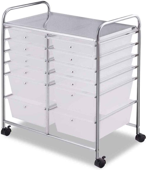 FANTASK 12-Drawer Rolling Storage Cart, Multipurpose Organizer Utility Trolley on Wheels, Tools Scrapbook Paper Organizer for School, Office, Home, Beauty Salon (Clear)