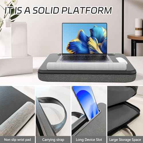 Lap Desk - Portable Laptop Desk Fits up to 15.6 inch Laptops, Wrist Pad, Storage Function, Tablet & Phone Holder, Laptop Stand for Home Office Study (Black & Dark Gray)