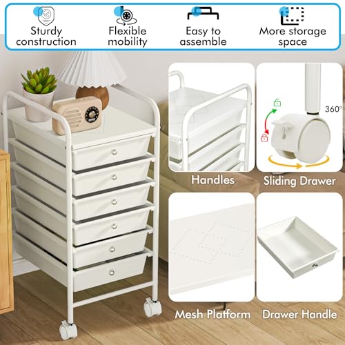 6-Drawer Rolling Storage Cart, Plastic Drawer Storage Organizer Rolling Cart, Multipurpos Utility Cart for Classroom Art Craft Supplies Dresser Closet Bathroom Bedroom Kitchen Office School