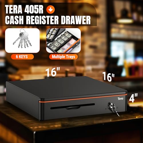 Tera 16" Cash Register Drawer 5 Bill 8 Coin with 6 Keys, Media Slot, RJ12, 405R (Black)