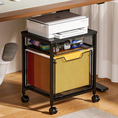 Black Small Rolling File Cabinet Cart with 2 Drawers, Lockable Wheels & Under-Desk Printer Stand