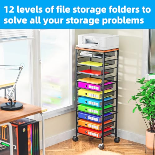 Simple Trending 12-Tier Wood Rolling File Cart with Mesh Trays, Office & Home Storage