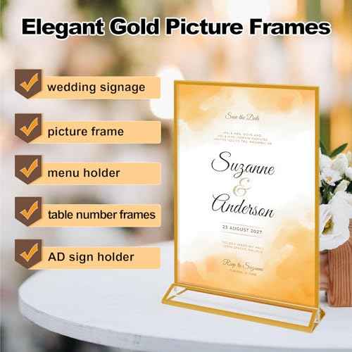 6 Pack Acrylic Sign Holder 8.5 x 11 Inch Gold, Double Sided Clear Display Stand for Wedding Table Numbers, Menu Holder, Picture Frame, Plastic Gold Sign Holder for Office, Restaurant, Party