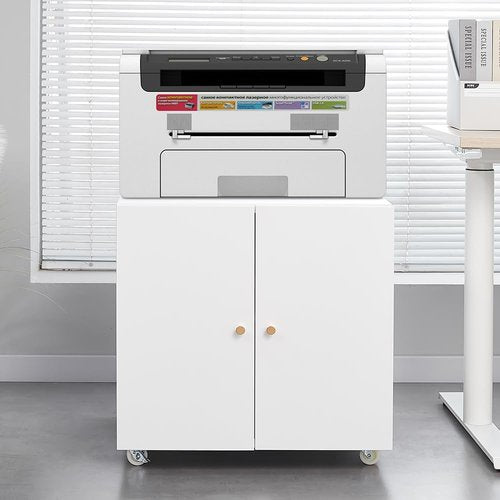 Meibamake Office Furniture Copier Cabinet, 2 Door Steel Mobile File Cabinet, Printer Stand with Adjustable Shelf, White, 23.62" H x 23.62" W x 23.62" D, Home Office