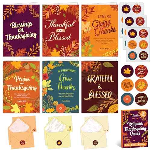 Decorably 18 Pack Foiled 5x7in Thanksgiving Cards Religious with Envelopes and Stickers, 6 Designs Boxed Religious Thanksgiving Cards, with Printed Message Inside