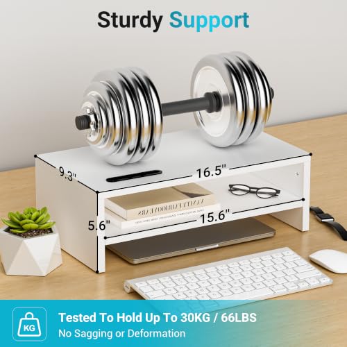 White 16.5 Inch Wooden Monitor Stand Riser for Desk, 2-Tier Organizer