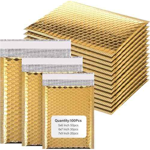 100 Pack Christmas Bubble Mailers 3 Sizes Metallic Bubble Envelopes Waterproof Self Sealing Bags for Mailing, Packing, Small Business, Jewelry Makeup, Gifts(Gold,Metallic)