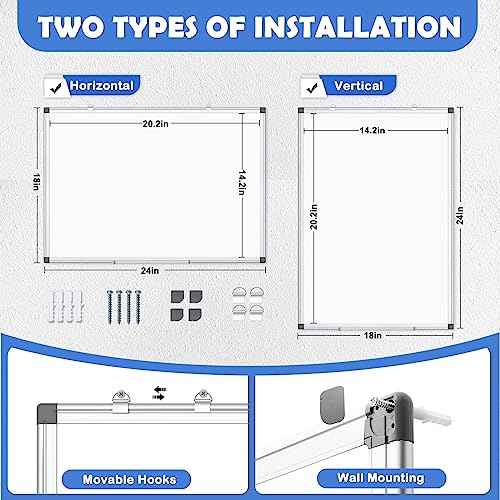 WALGLASS Double-Sided White Board, 24" x 18" Dry Erase Board Magnetic Whiteboard for Wall, Hanging Mounted Whiteboard Silver Aluminium Frame for Home, School, Office, Kitchen