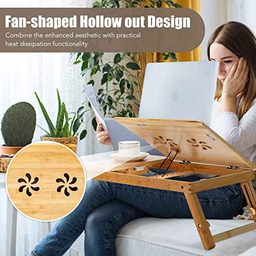 Tangkula 100% Bamboo Laptop Desk with Tilting Top & Drawer, Height Adjustable Portable Breakfast Serving Bed Tray with Heat-Dissipation Holes, Folding Bed Table for Surfing Reading Writing Eating