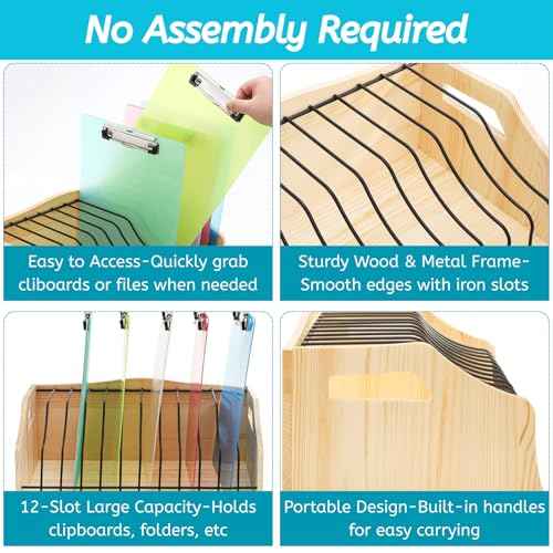 Youeon Vertical Clipboard Holder, 12 Slots Wood and Metal Clipboard Storage Rack, Desk File Organizer with Side Panel for Home, Office, School, No Assembly Required