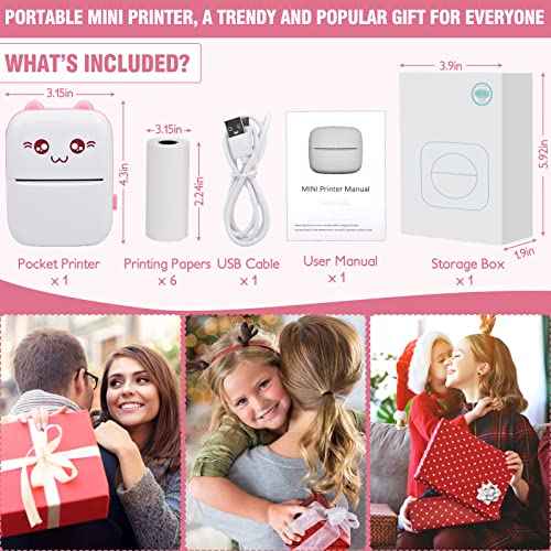 Eschen Pocket Mini Printer, Portable Printer with 6 Rolls Printing Paper for iOS Android Smartphone, Label Receipt Sticker Photo List Notes Inkless Printing Gift, Pink