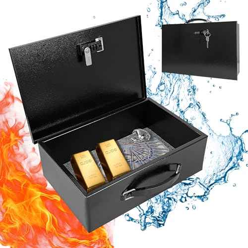 YIYITOOLS Fireproof Lock Box for Documents, Fire Resistant Safe Fire Safe Box with Dual Combination and Key Lock Document Box with Carrying Handle for Personal Items Jewelry Money, Black