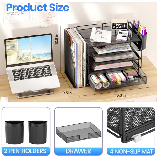 Desk Organizers and Accessories with File Holder, 5-Tier Office Desk Accessories & Workspace Desktop Organizer with Drawer and 2 Pen Holder, File Paper Organizer for Office Supplies(Black)