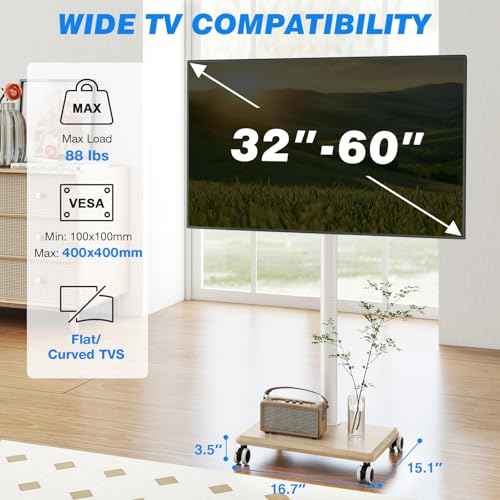 Rfiver Rolling TV Stand for 32 to 55 60 Inch TVs up to 88lbs, Height Adjustable Mobile TV Stand with Wood Base, Space-Saving Design Tall TV Cart Floor Stands for Living Room, Bedroom, Corner (White)
