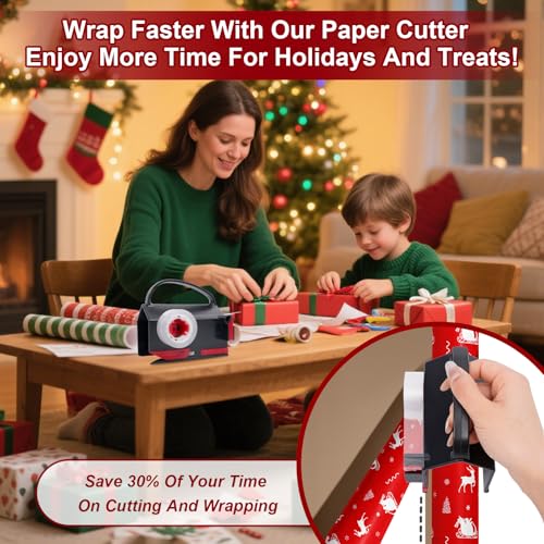 Wrapping Paper Cutter & Tape Dispenser? Dual-Use Gift Wrap Tool with 4 Tapes & 2 Replacement Blades ? Paper Roll Holder for Christmas, Birthday, Holiday ? Sliding Slicing Tube Design (2-Pack)