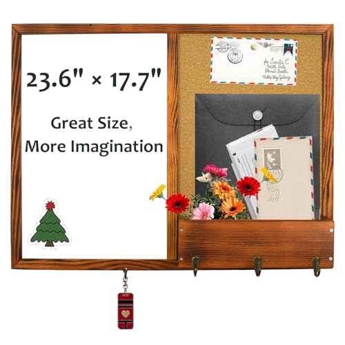 Dry Erase White Board and Cork Board, Magnetic Whiteboard & Bulletin Board Combo, 17.7"¡¿23.6"£¬Wall-Mounted Mail Sorter & Key Hooks, Solid Pine Wood Walnut Brown Frame(Mail BB-BN-4560)