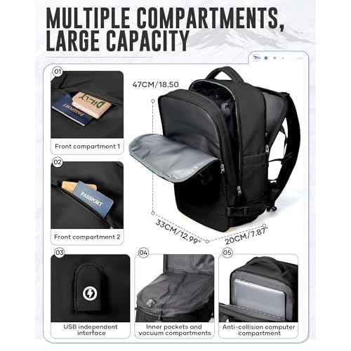 Vacuum Travel Backpack with Pump,Personal Item Carry on Backpacks Flight Approved 18x14x8 inches Men Women, Laptop Waterproof Work Compression bags hiking Casual Daypack 60L Water Resistant Luggage