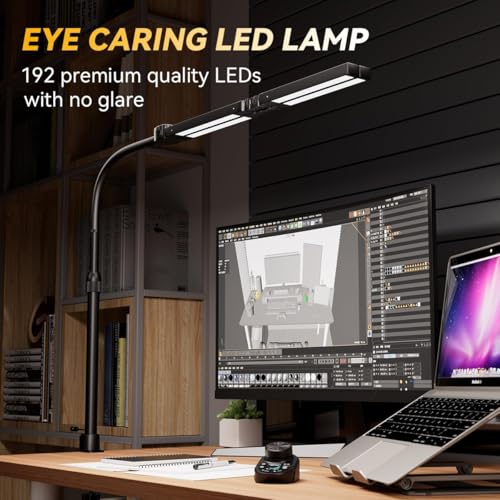 Black Adjustable LED Desk Lamp with Clamp & Remote - Wide 4-Head, Eye-Caring