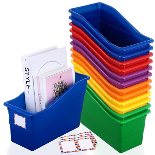 Gisgfim 12 Pack Rainbow Large Book Bins with Labels - Classroom Storage Organizer