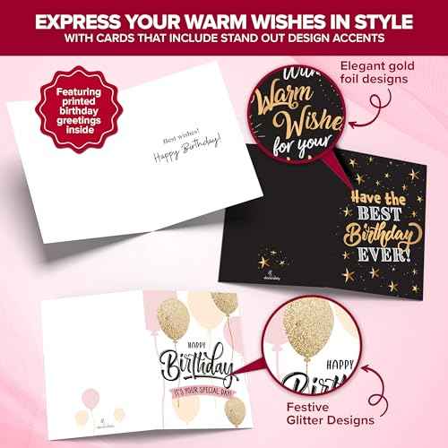 Decorably 24 Pack Foiled and Glittery 6x4in Assorted Birthday Cards with Envelopes and Stickers, 24 Unique Designs Box of Birthday Cards with Envelopes with Printed Message Inside