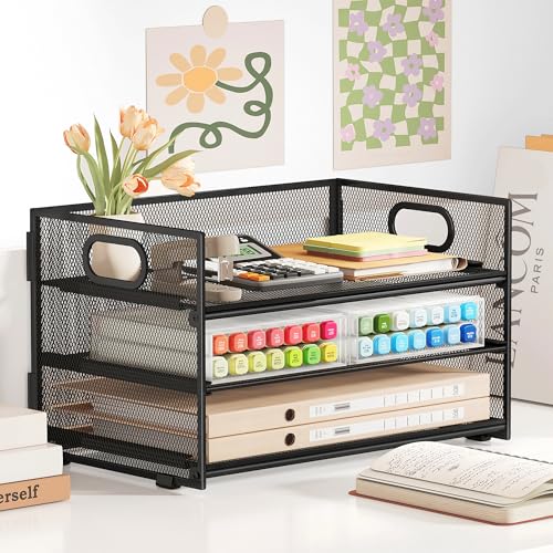 SUBEKYU 3-Tier Paper Letter Tray Organizer, Black Mesh Desk File Holder, 12.6x9.1x8.1 Inches