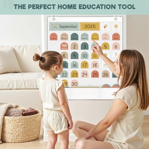 Classroom Monthly Calendar Pocket Chart for Kids Learning, 105 Cards Wall Boho Calendar and Weather, Teacher Supplies for Kindergarten Preschool Elementary Homeschool