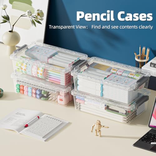 BiuLeon Grey 4 Pack Extra Large Plastic Pencil Cases, Stackable Art & Craft Organizer