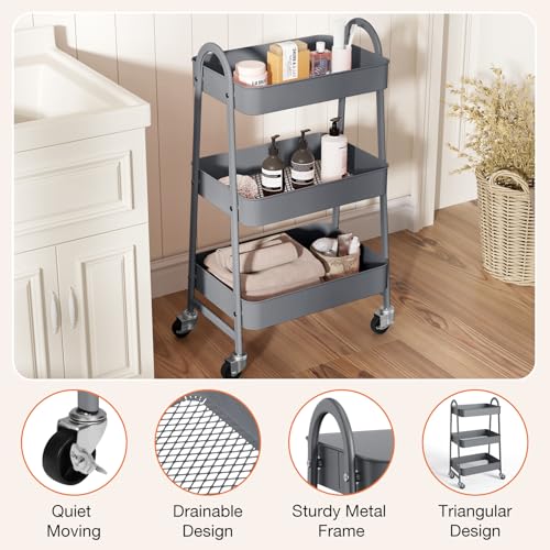 NEWBULIG Gray 3-Tier Metal Rolling Cart with Lockable Wheels, Heavy Duty Utility Shelf