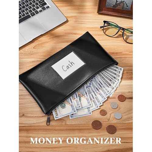 SMARTAKE Money Bags with Zipper, 2-Pack Bank Bags with Label, Waterproof Leather Money Pouches, for Cash Coin Bill Invoice Deposit Receipt Storage and Organize, 11.5 x 6.2 Inches (Black)