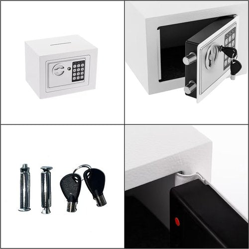 Small Safe Box With Digital Keypad & Keys - 9.05 x 6.7 x 6.7 Inches Wall Safe 0.23 Cuft Mini Security Lock for Coin Home Office Hotel Rooms Business Jewelry Gun (White)