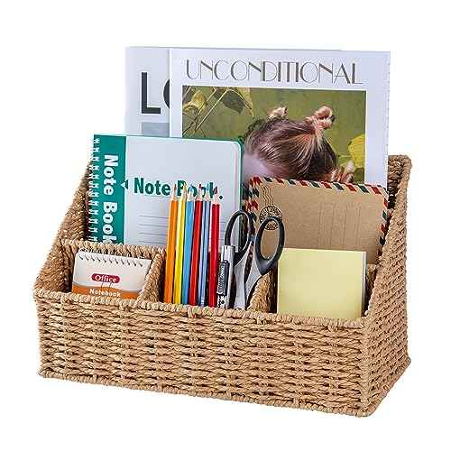 Rattan Desk Organizer, Tabletop Mail Holder, 5 Slot Mail Organizer Countertop Basket, Rattan Office Supplies, Boho Office Desk Accessories, Wicker Desk Organizer, Magazine Holder£¨Wicker£©
