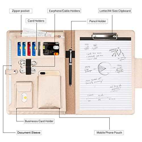 Toplive Portfolio Case, Conference Folder Executive Business Padfolio with Document Sleeve, Letter/ A4 Size Clipboard, Business Card Holders, Portfolio Padfolio for Women & Men, Rose Gold