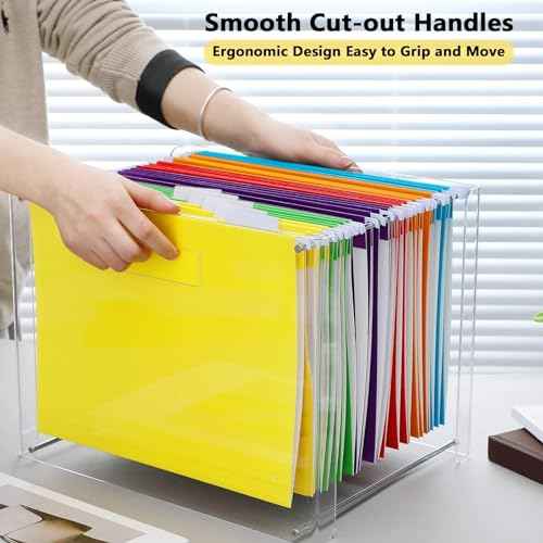24 Hanging File Folder with Acrylic Organizer for Letter/a4 Size Desktop Clear File Storage Box with Handles for Home Work Office Use(Rainbow,Classic)