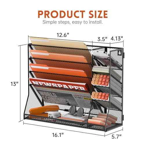 SUPEASY Wall File Organizer, 5-Tier office wall organizer with 4 Pen Holders, Wall Organizer for Office with R-shaped Bottom Tray, Metal Desk Organizer for Office, School, Home, Black