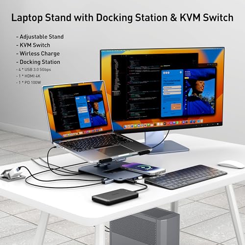 BENFEI Laptop Stand with USB C 6in1 Docking Station, 15W Magnetic Wireless Charger, USB 3.0 KVM Switch, HDMI 4K@60Hz, 4*USB3.0, 100 PD Compatible with MacBook Pro/Air, iPad Pro, XPS, Thinkpad
