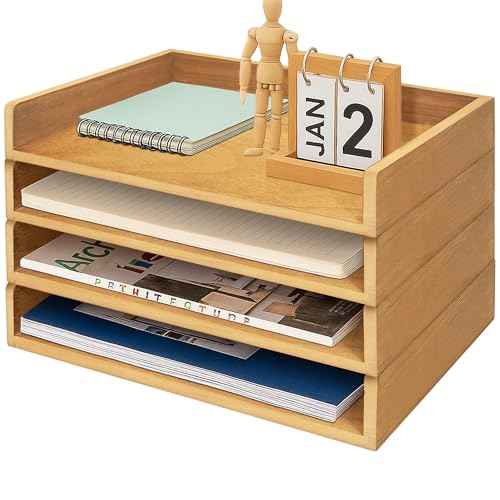 Prolee Stackable Paper Tray,Wooden Paper Organizer for Desk with 4 Letter Trays,Papers Holder and Office Document Organizer Shelf for Mail File Document(Oak,14" x 9.5" x 2.5")