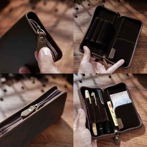 EURYNOME Leather Fountain Pen Holder,Leather Pencil Case Shockproof 3 Divided Slots,Portable Storage Bag for Invoice/Receipt/Cards/Coupon/Tickets