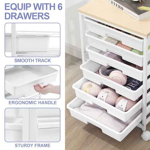 Rolling Cart with Drawers,Utility Cart with 6 Drawers,Rolling Storage Cart with Drawers and Wooden Tabletop & Lockable Wheel,White