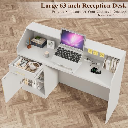 63in Modern Reception Desk with Built-in Power Station - Front Counter Table
