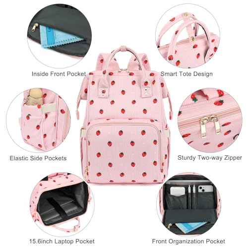 College Laptop Backpack, Travel Backpack for Women, Corduroy Casual Daypack, School Backpack Bookbag for Girls (Pink Corduroy Strawberry)