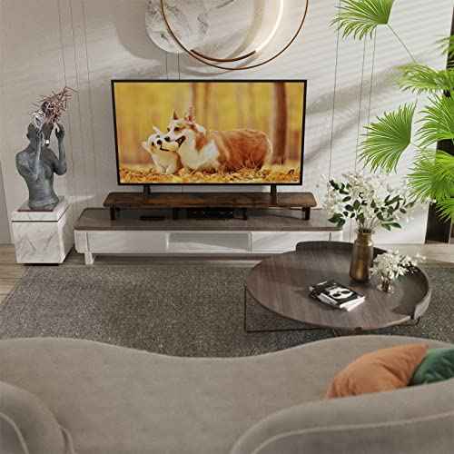 Dual Monitor Stand - 43.7 inch Extra Long Wide TV Stand - Wood & Steel Leg Desktop Riser - Desk Organization - Home Office (Vintage)