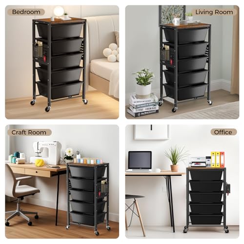 Rolling Cart with 5 Drawers, Plastic Drawer Storage Carts with Wheels & Wooden Tabletop, Metal Utility Cart with Pegboards, Office Living Room Classroom Craft Organization and Storage, Dark Black